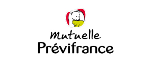 Logo Mutuelle Prévifrance chez audition-passion Villeneuve-sur-Lot, ours blanc et personnage jaune sur fond rouge chaleureux