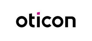 Logo moderne oticon chez audition-passion Villeneuve-sur-Lot, lettrage noir et détail rose sur fond blanc