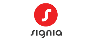 Logo Signia moderne chez audition-passion à Villeneuve-sur-Lot, cercle rouge et lettrage épuré